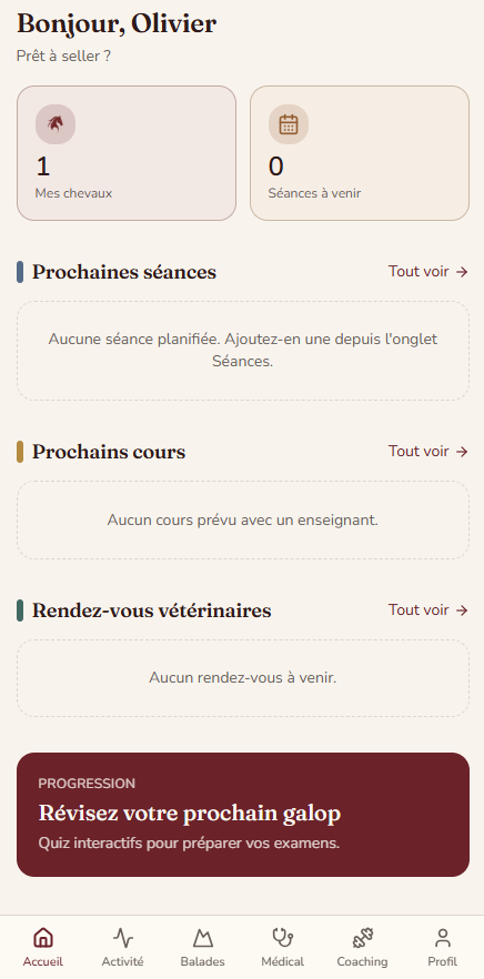 Capture d'écran Cavalcade — Accueil — vos prochaines séances et votre progression en un coup d'œil